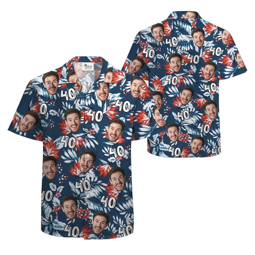 Personalized Face Birthday Hawaiian Button Up Shirt Navy