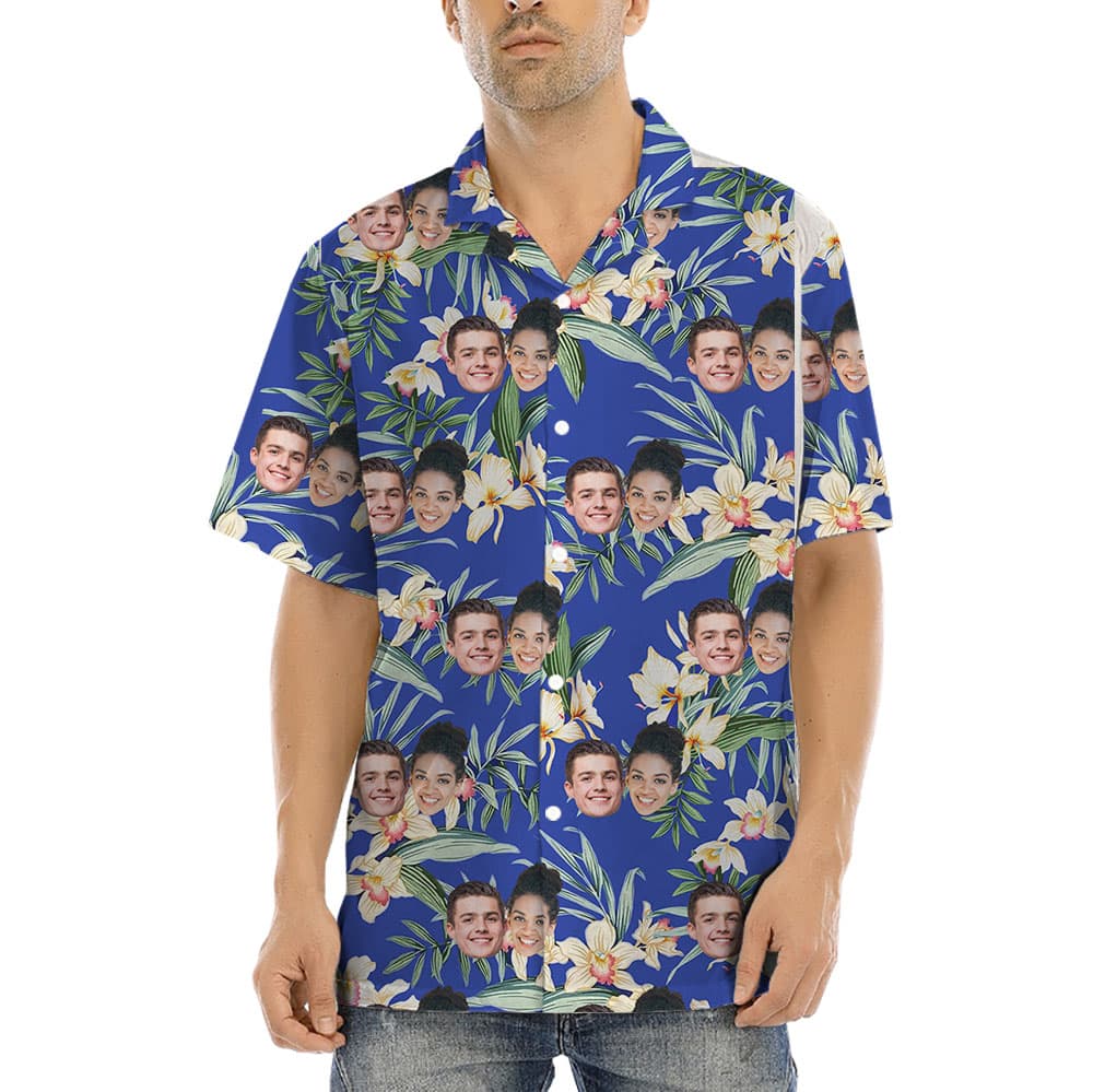 Personalized Face Hawaiian Shirt With Blue Floral Print