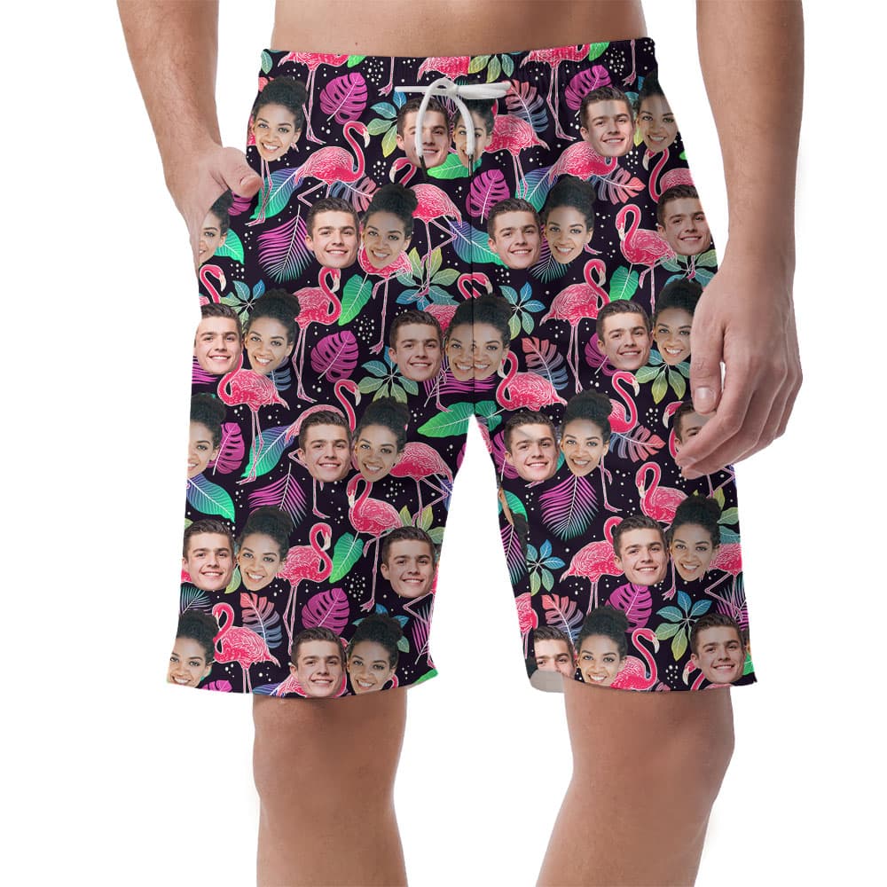 Personalized Faces On Men's Beach Shorts With Flamingo1