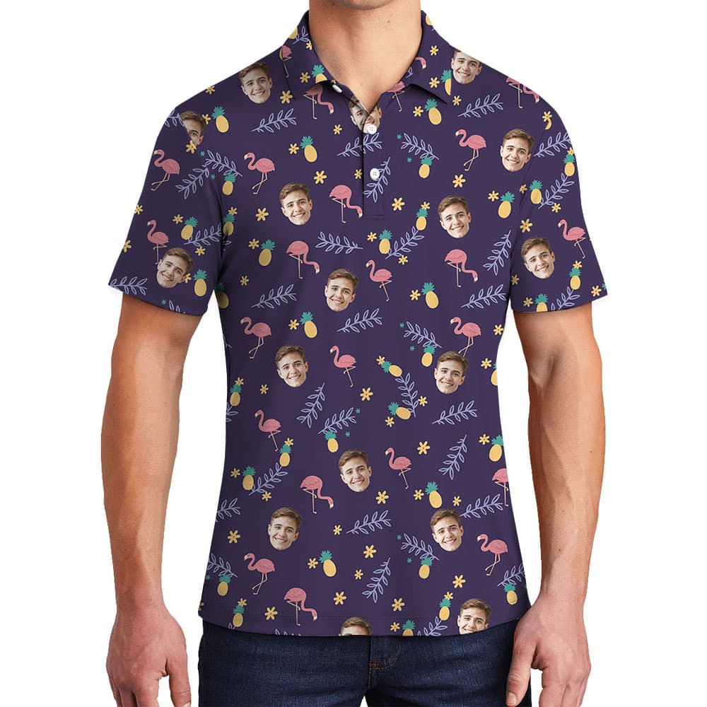 Personalized Flamingo Purple Golf Shirt With Face On Them