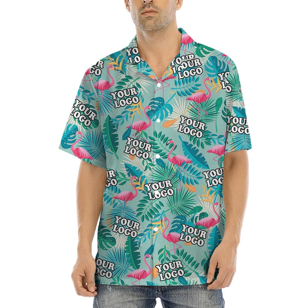 Personalized Logo Flamingo Hawaiian Shirts has a beautiful blue tropical print with pink flamingos and company logo all over the print
