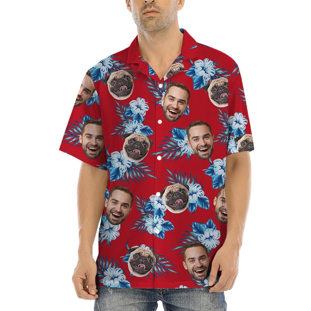 Personalized Male Hawaiian Shirts With Dog Face allows custom up to 5 faces on the red Aloha pint