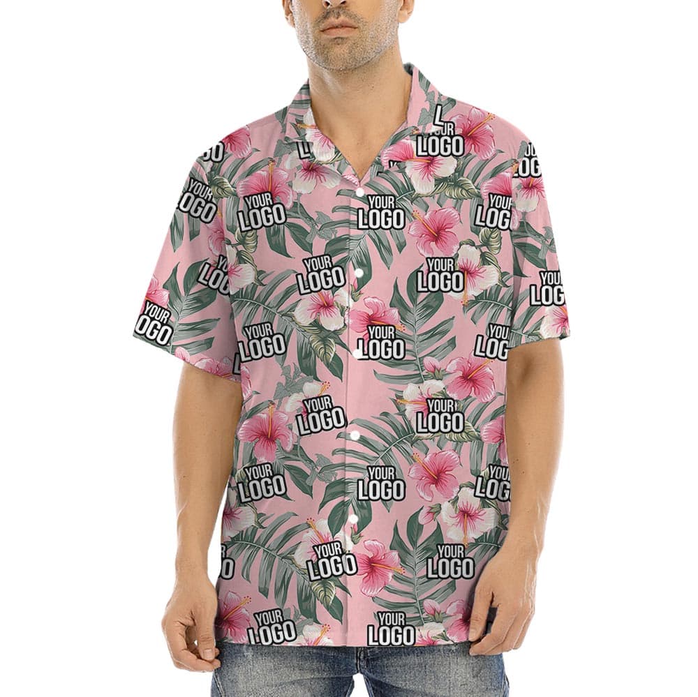Pink Custom Aloha Shirt With Company Logo with hibiscus and leaves against a tropical theme