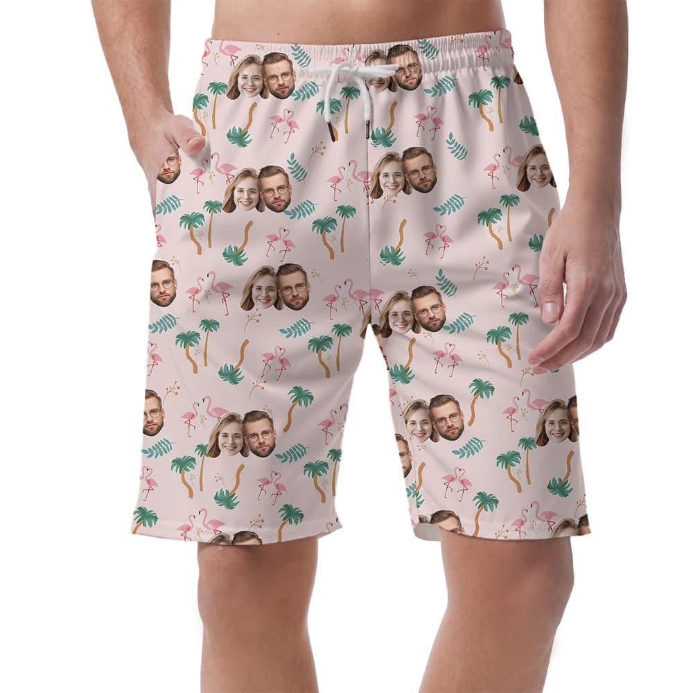 Pink Men's Beach Shorts With Couple Faces On Them