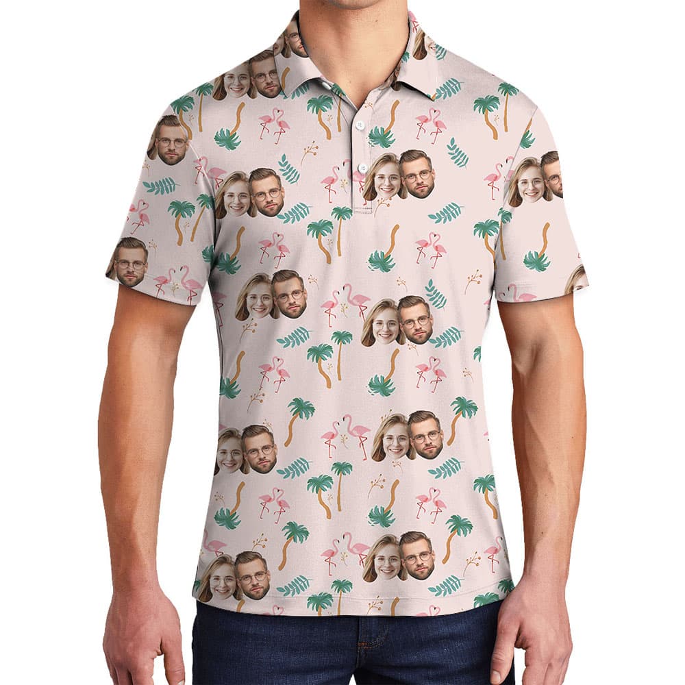 Pink Men's Golf Shirt With Flamingo Theme And Face