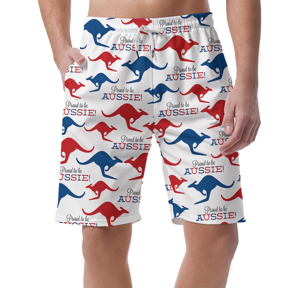 A Men's Short with Kangaroo Pattern and Text "Proud to be Aussie"