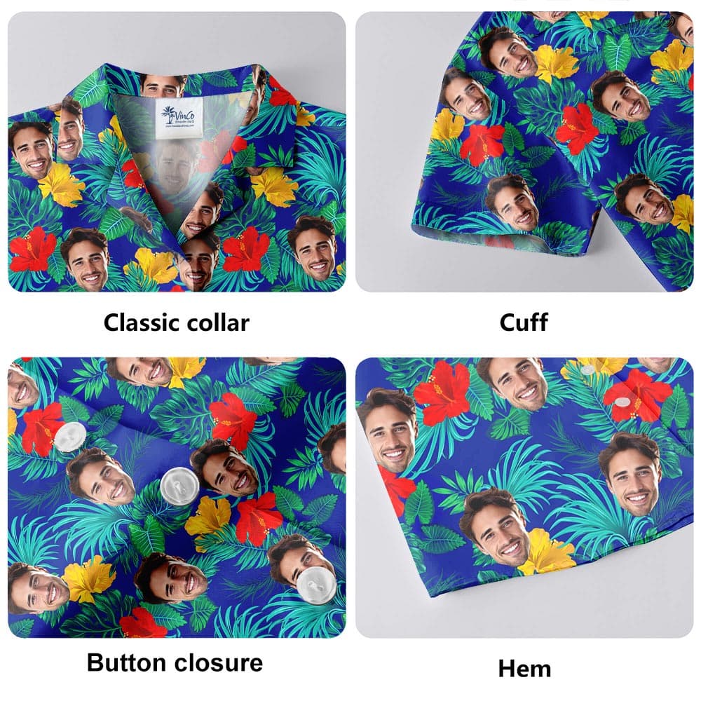 Put 1-5 Faces On Floral Hawaiian Shirts Blue details of button up style