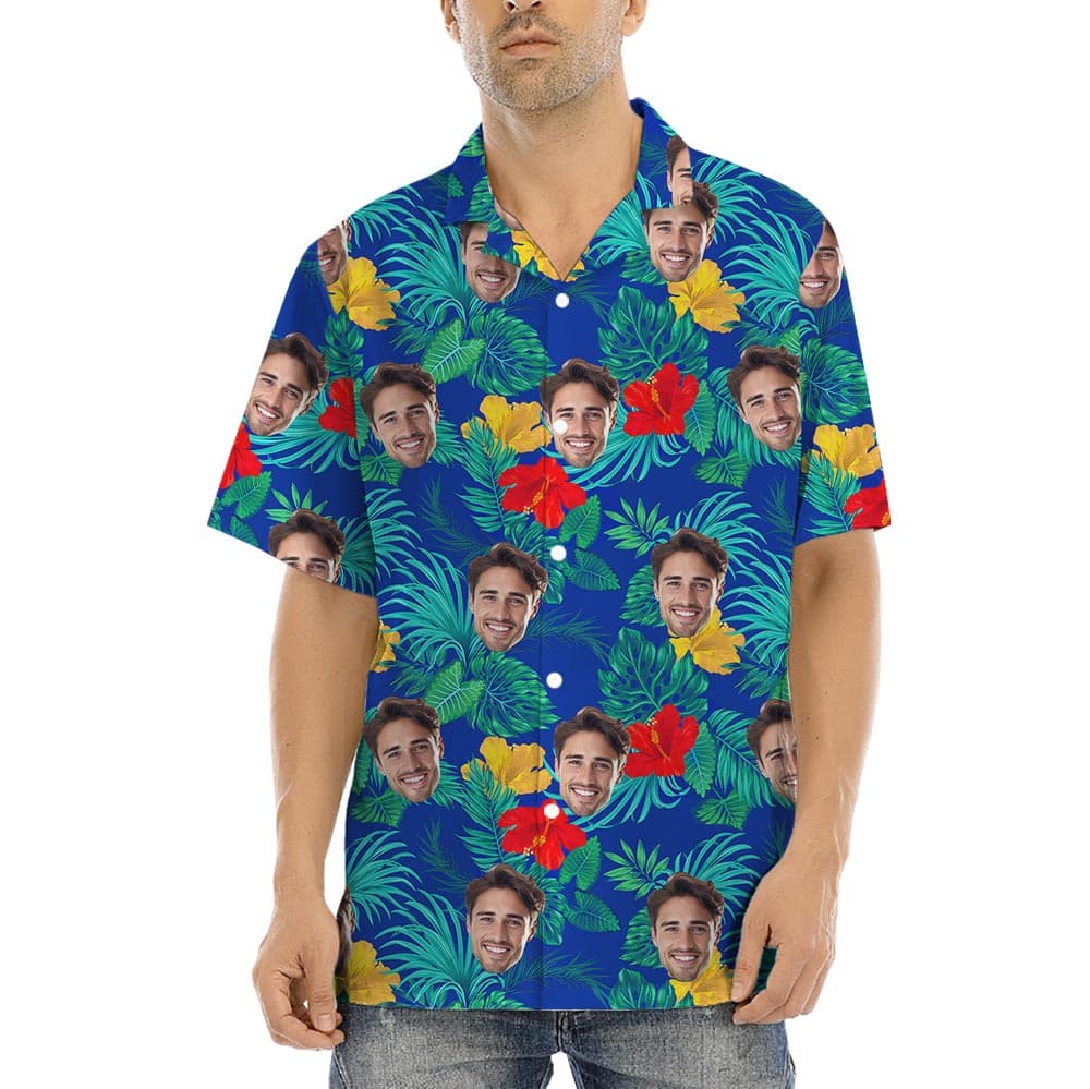 Put 1-5 Faces On Floral Hawaiian Shirts Blue and show off your humor with a face print shirt!