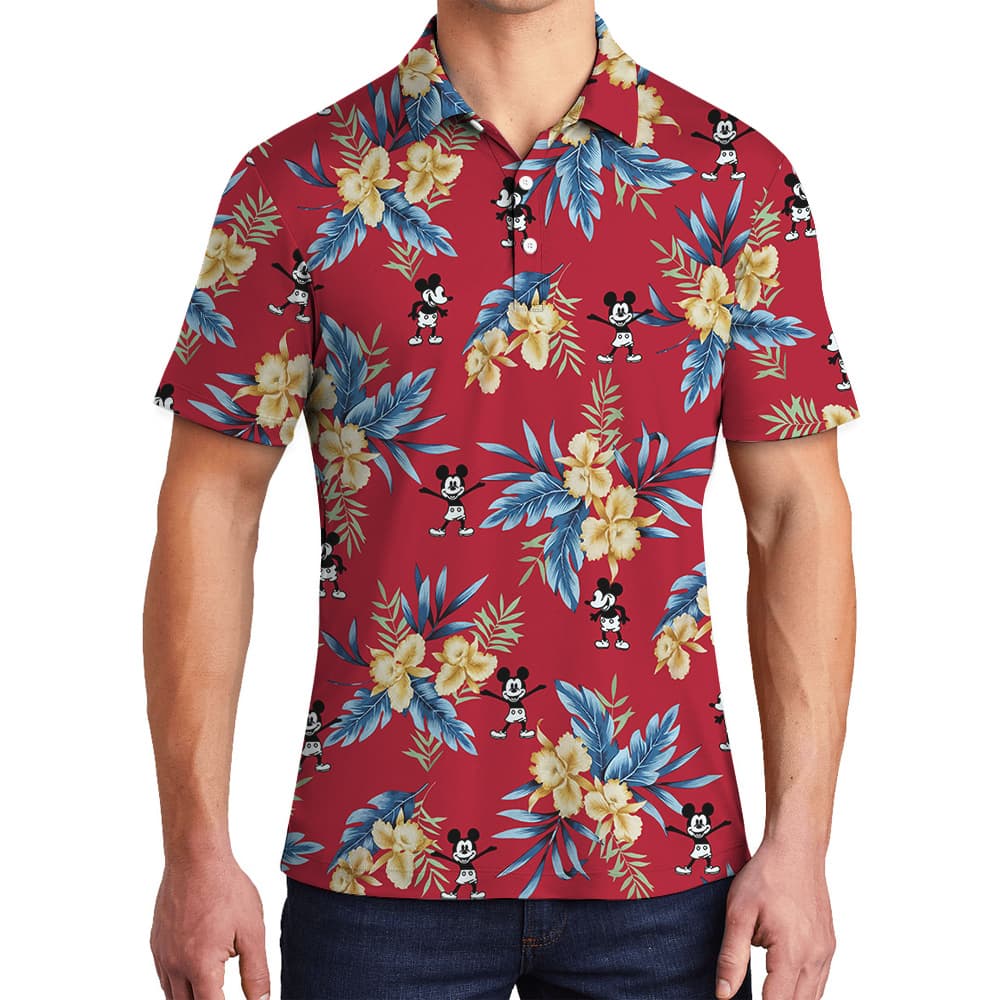 Red Floral Mickey Steamboat Willie Hawaiian Polo Shirt1