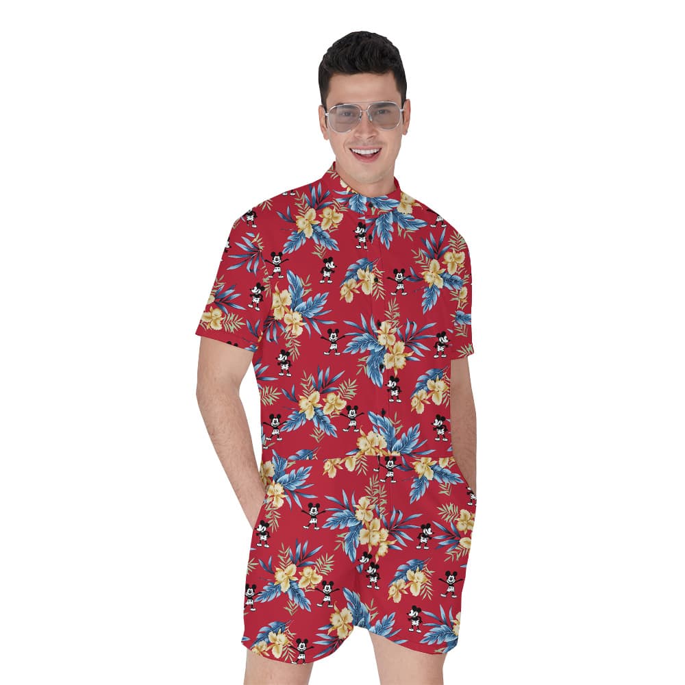 Red Floral Mickey Steamboat Willie Hawaiian Romper for Men1