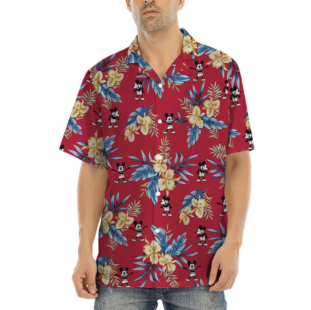 Red Floral Mickey Steamboat Willie Hawaiian Shirt1