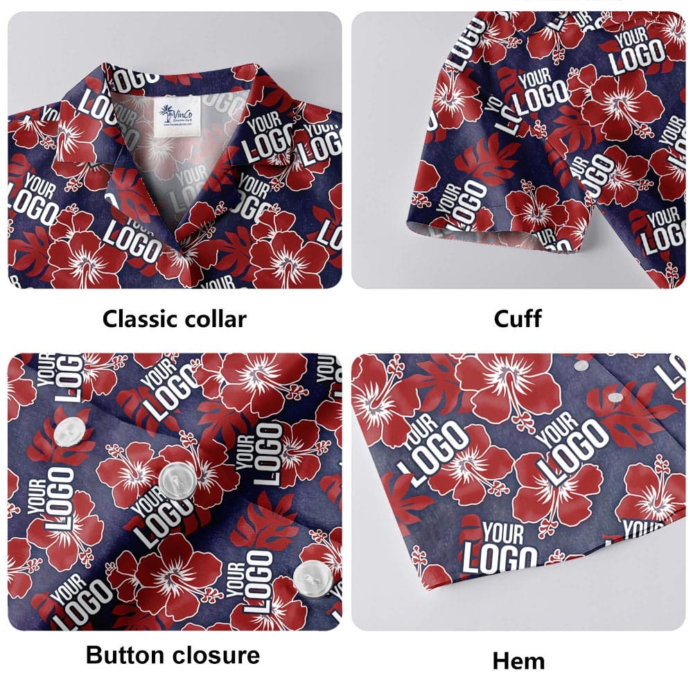 details of Red Hibiscus Navy Custom Hawaiian Shirt With Company Logo