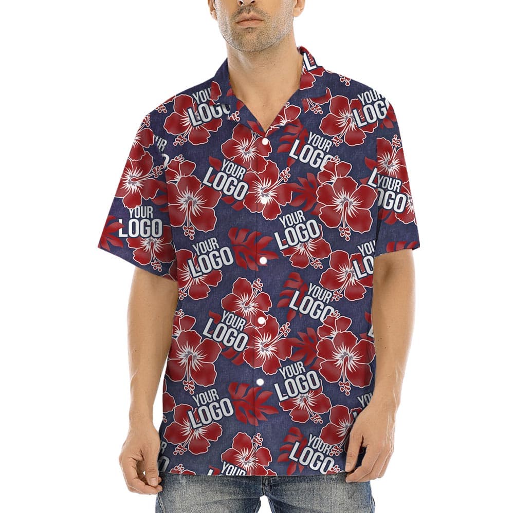 Red Hibiscus Navy Custom Hawaiian Shirt With Company Logo brings a classic vintage Aloha vibe in the print