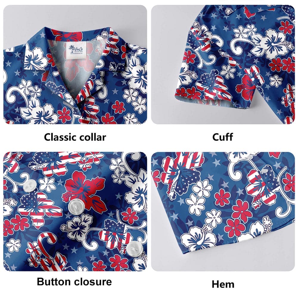detailed parts of Red White Blue Tropical Shirt American Flag theme