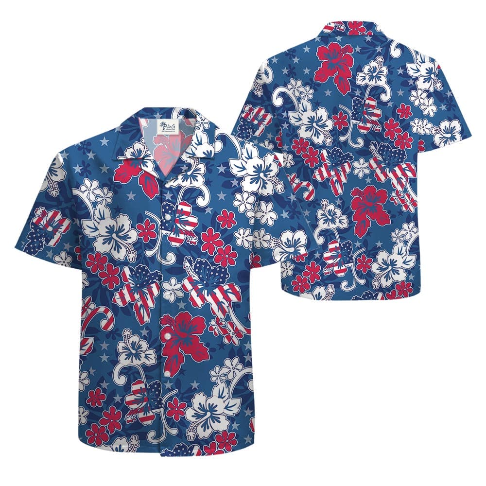 Red White Blue Tropical Shirt American Flag button up style short sleeves