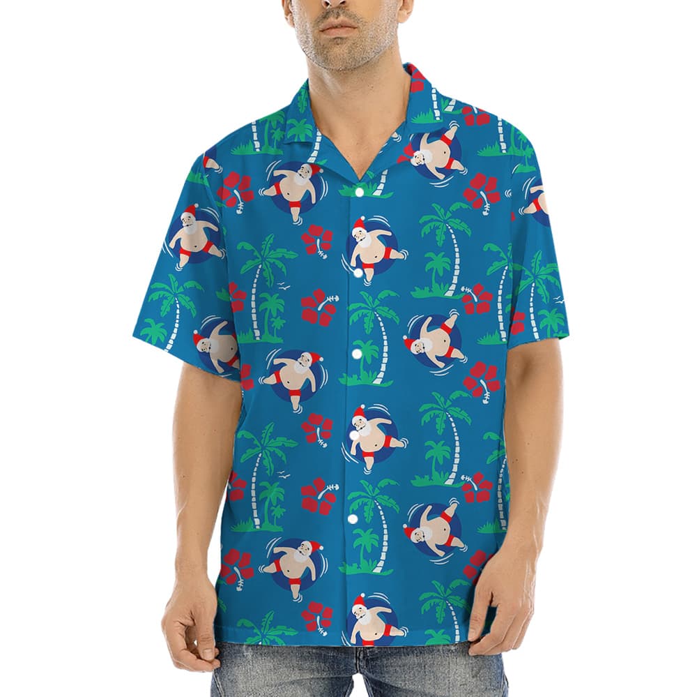 A Blue Hawaiian Shirt with Swimming Santa Theme