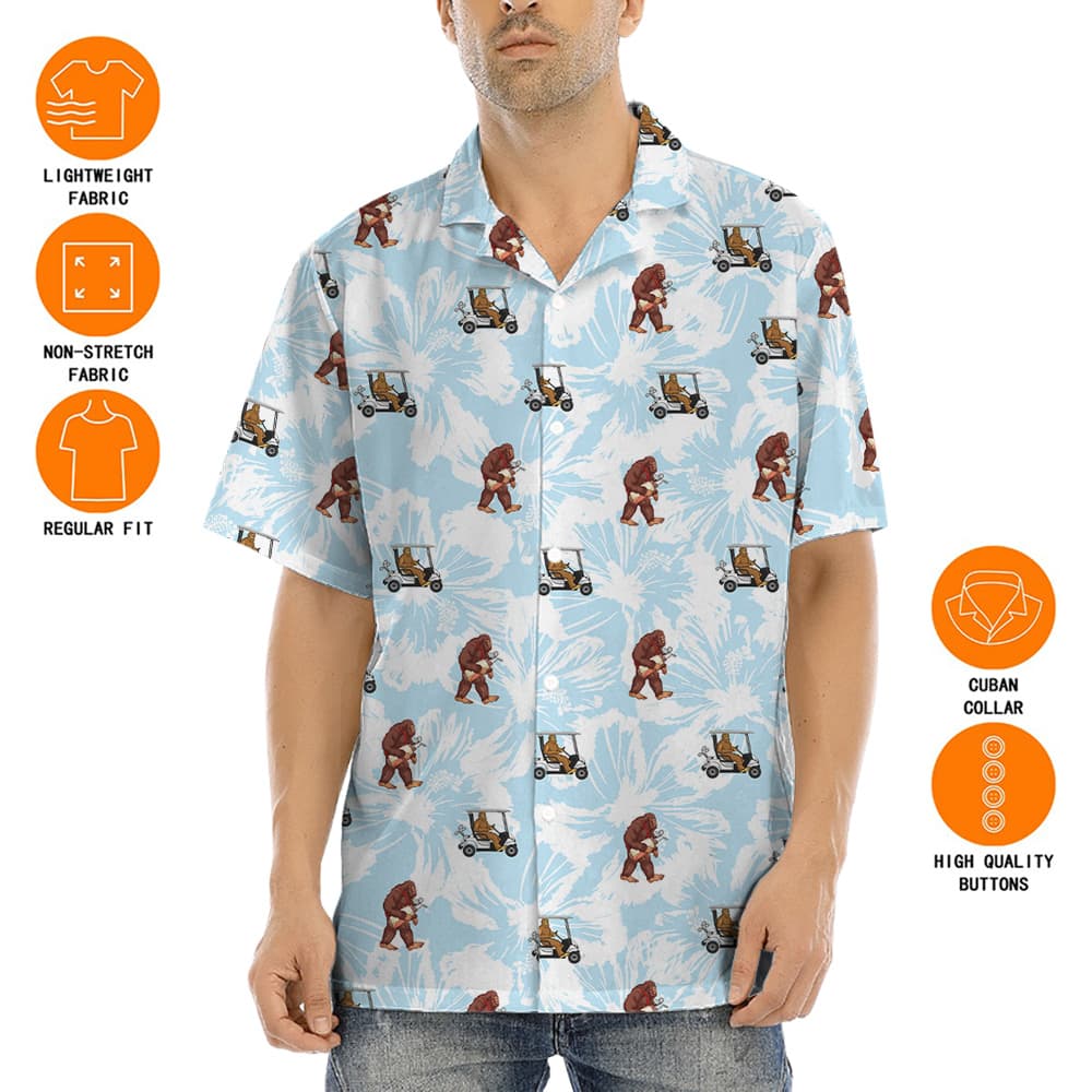 Sasquatch Playing Golf Blue Floral Hawaiian Shirt