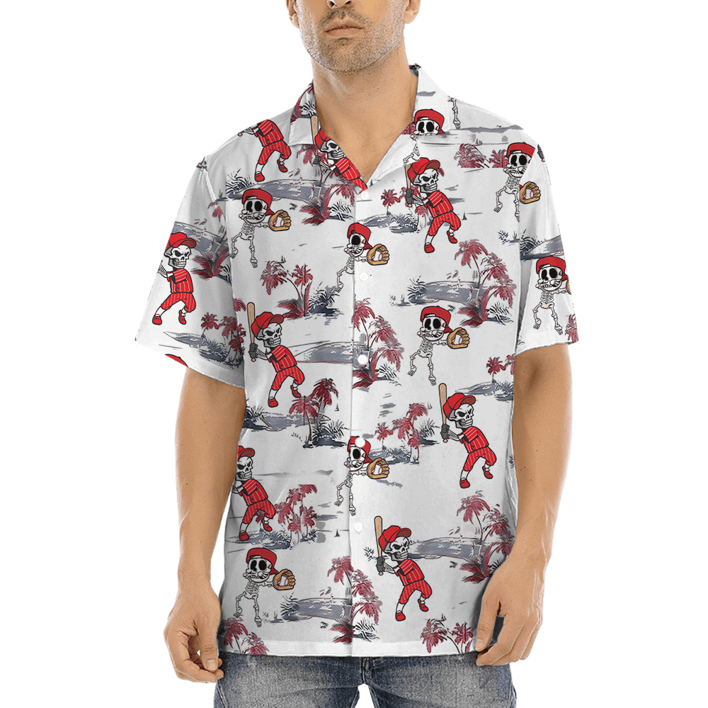 Skeleton Baseball Tropical Red Hawaiian Shirt (3)