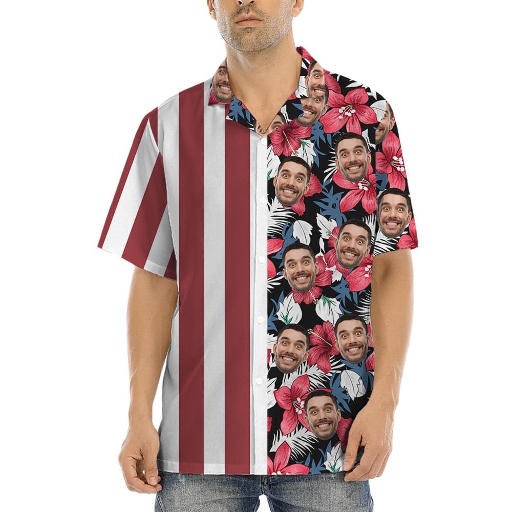 Striped American Flag Tropical Shirt Custom Face shows a patriotic vibe in Aloha with custom face on tropical print