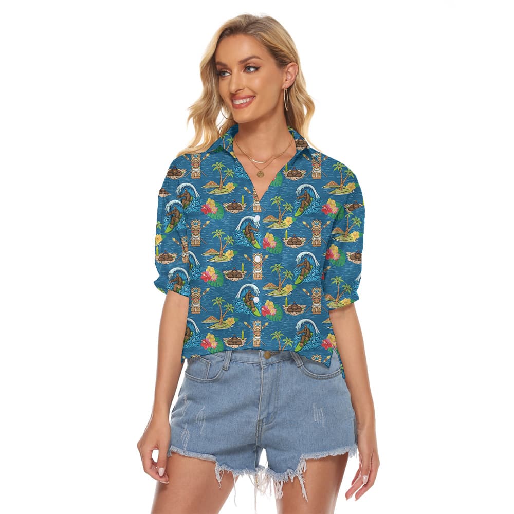 Surfing Bigfoot Hula Cropped Shirt Blue Tiki Theme1