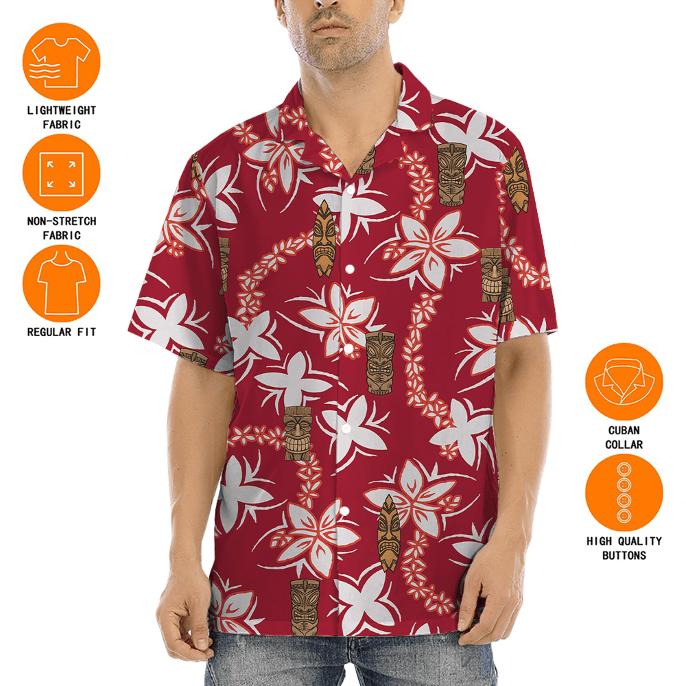 Tiki Vintage Floral Red Hawaiian Button Up Shirt