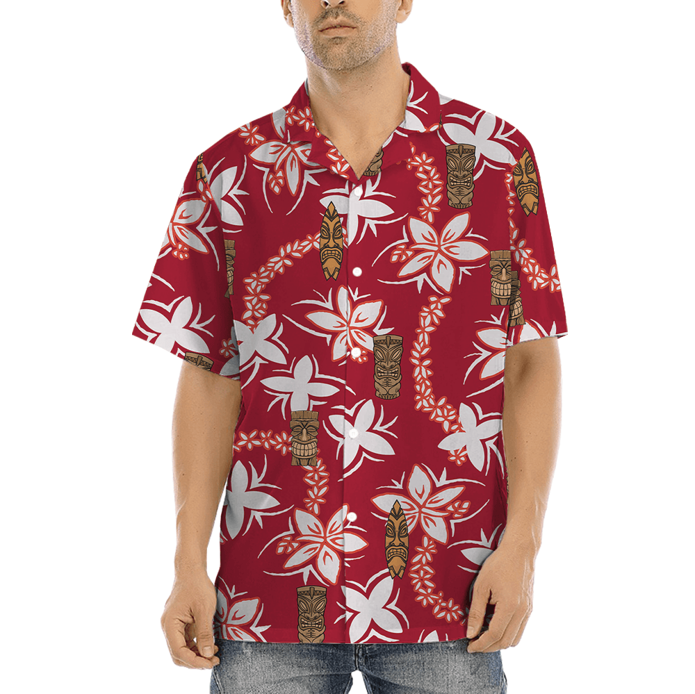 Tiki Vintage Floral Red Hawaiian Button Up Shirt (5)