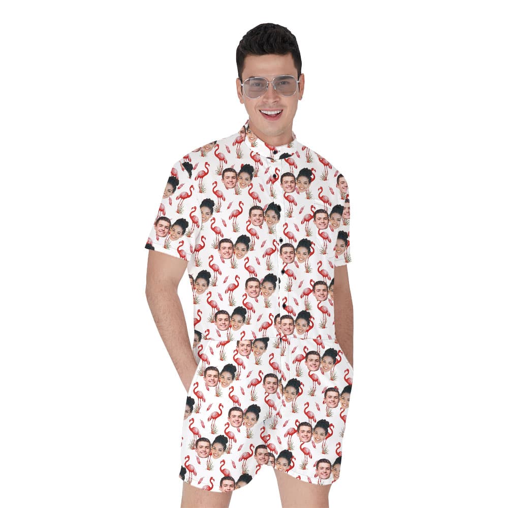 Unique Flamingo White Male Romper With Faces