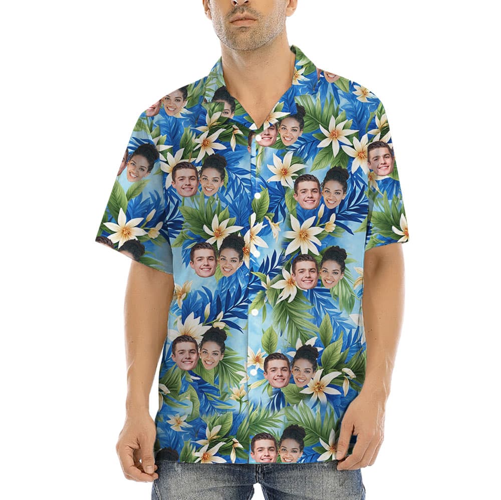 Vintage Blue Floral Hawaiian Shirt With Up To 5 Faces
