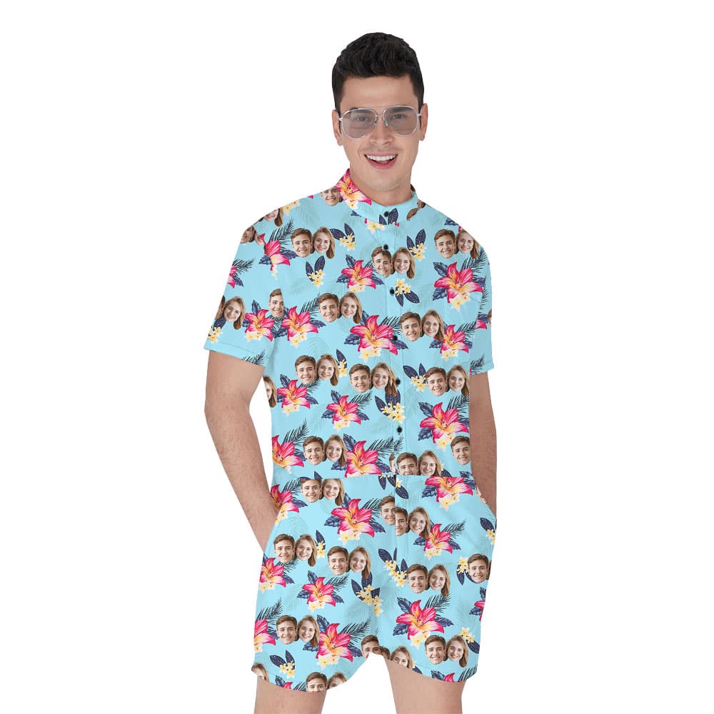 Vintage Blue Flower Men's Beach Romper With Faces