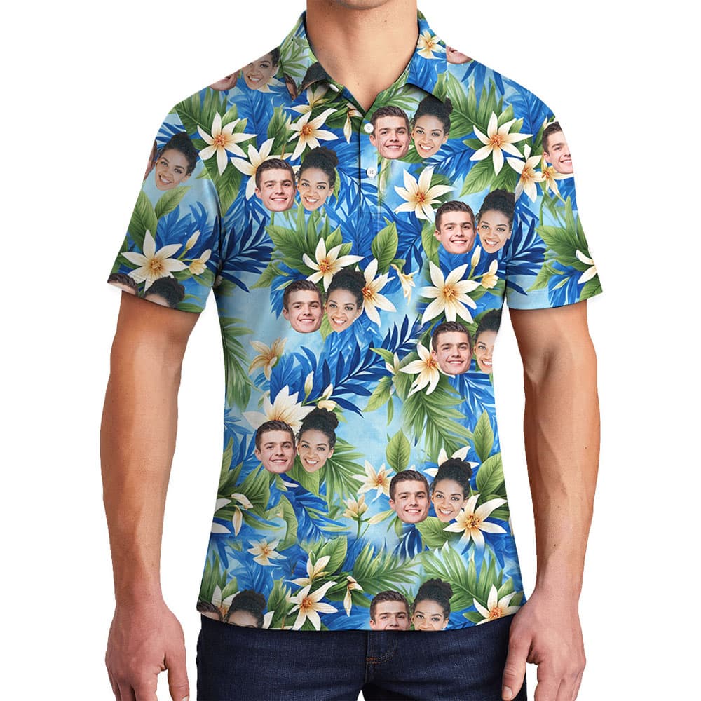 Vintage Blue Flower Men's Collared Golf Shirt With Faces