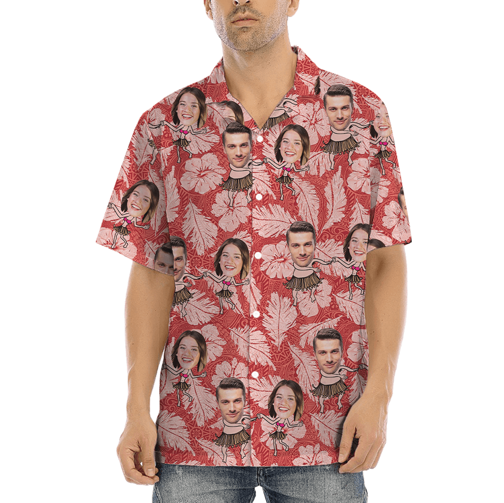 Vintage Hibiscus Custom Face Couple Hula Hawaiian Shirt (5)