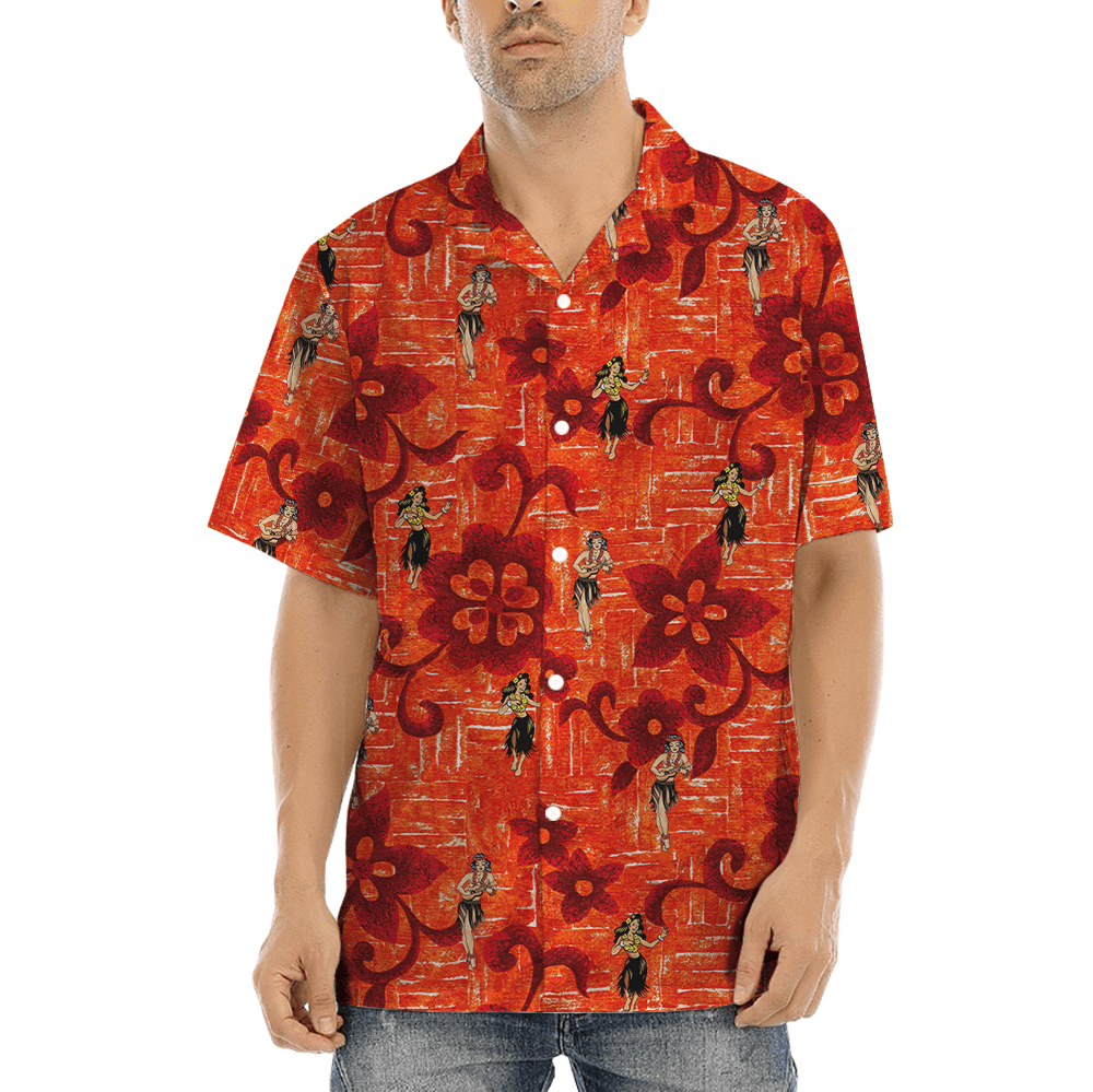Vintage Hula Girl Dancing Orange Aloha Shirt (1)