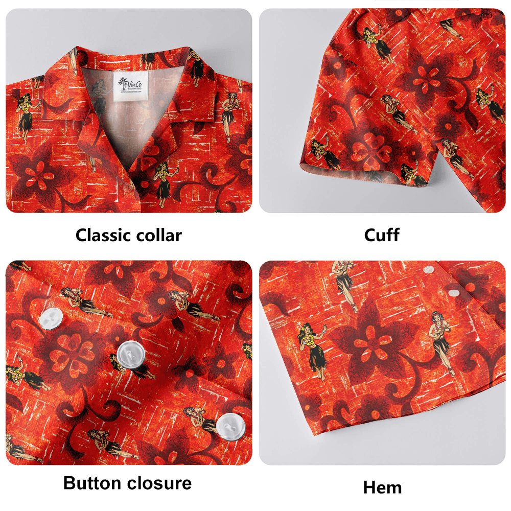 Vintage Hula Girl Dancing Orange Aloha Shirt