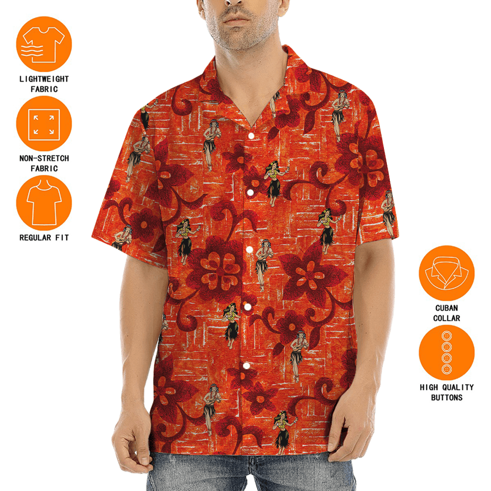 Vintage Hula Girl Dancing Orange Aloha Shirt