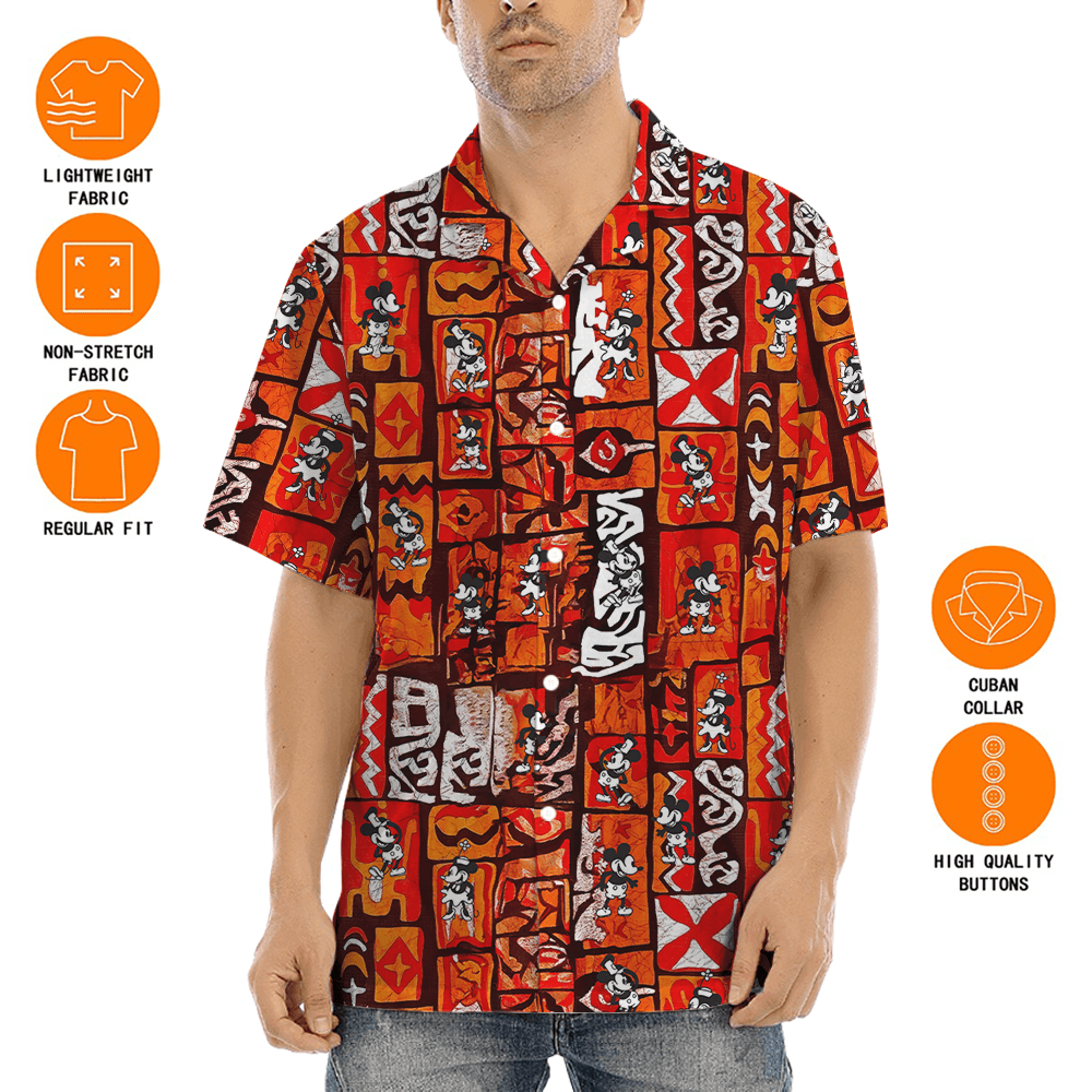 Vintage Mickey Steamboat Willie Orange Aloha Shirt