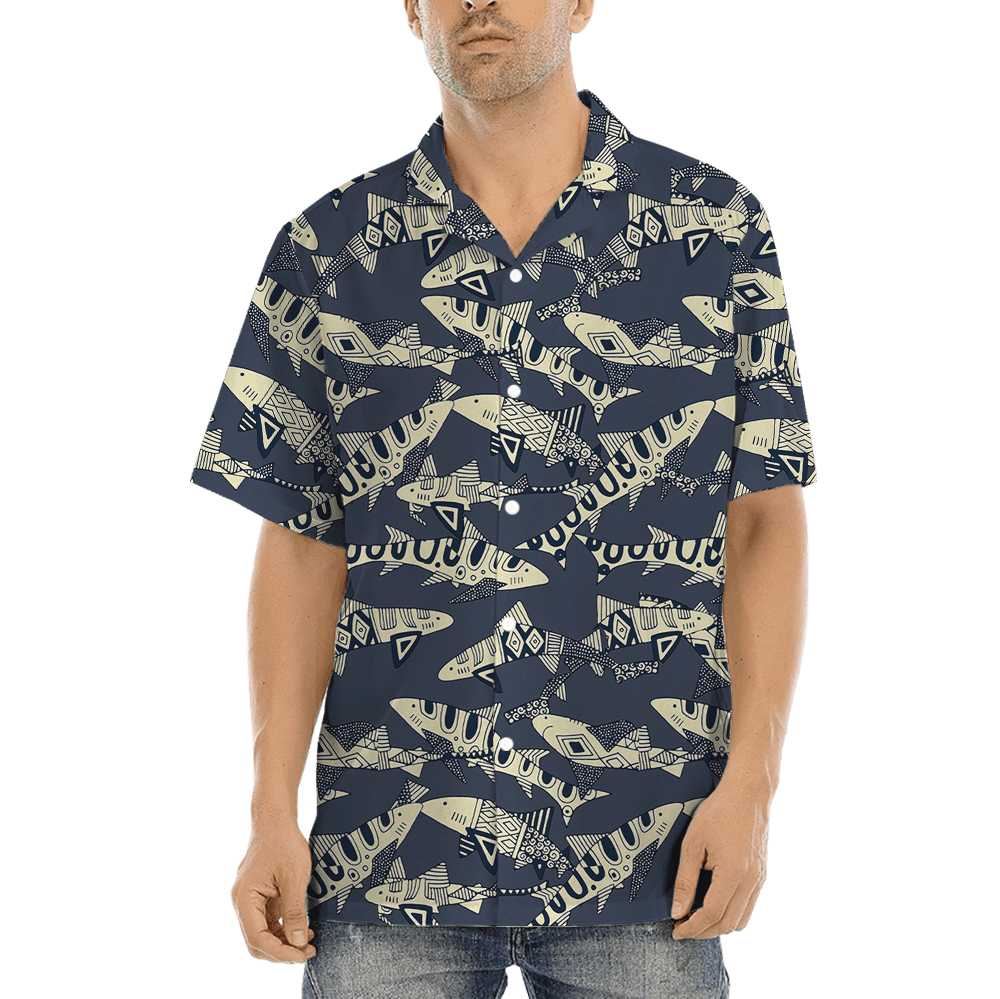 Vintage Shark Navy Hawaiian Button Up Shirt (2)