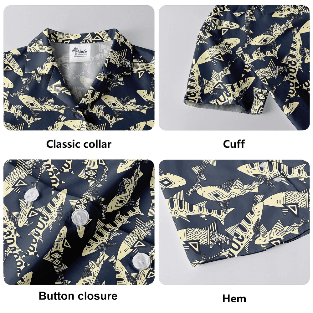 Vintage Shark Navy Hawaiian Button Up Shirt