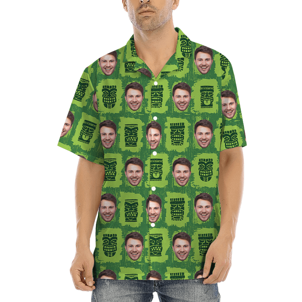 Vintage Tiki Green Aloha Shirt With Custom Face (1)