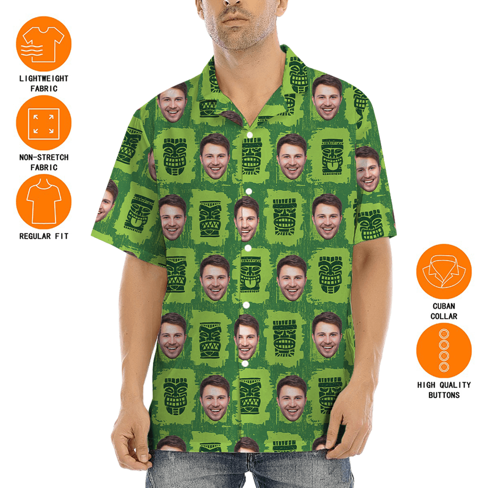 Vintage Tiki Green Aloha Shirt With Custom Face