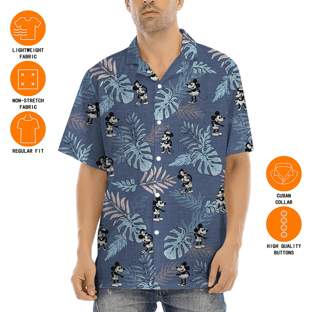 Vintage Tropical Leave Mickey Steamboat Willie Navy Aloha Shirt