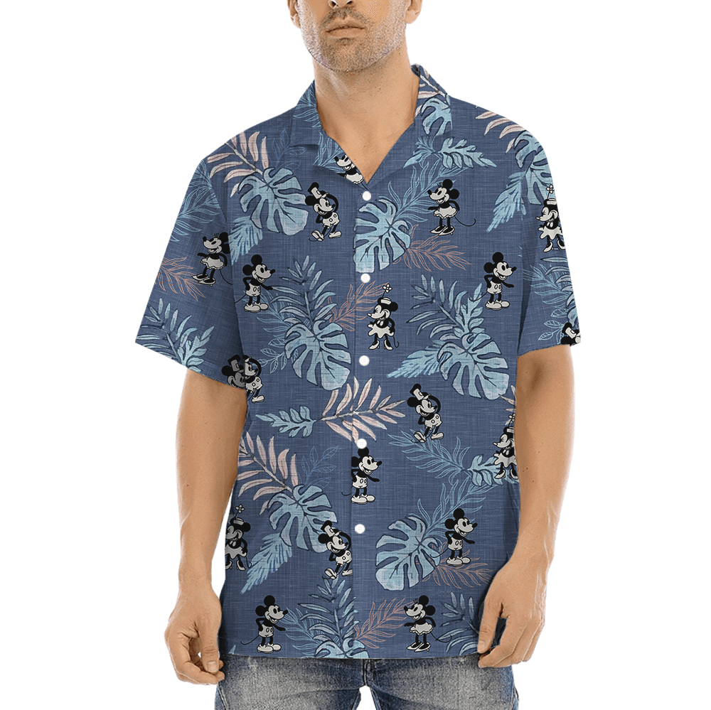 Vintage Tropical Leave Mickey Steamboat Willie Navy Aloha Shirt (2)