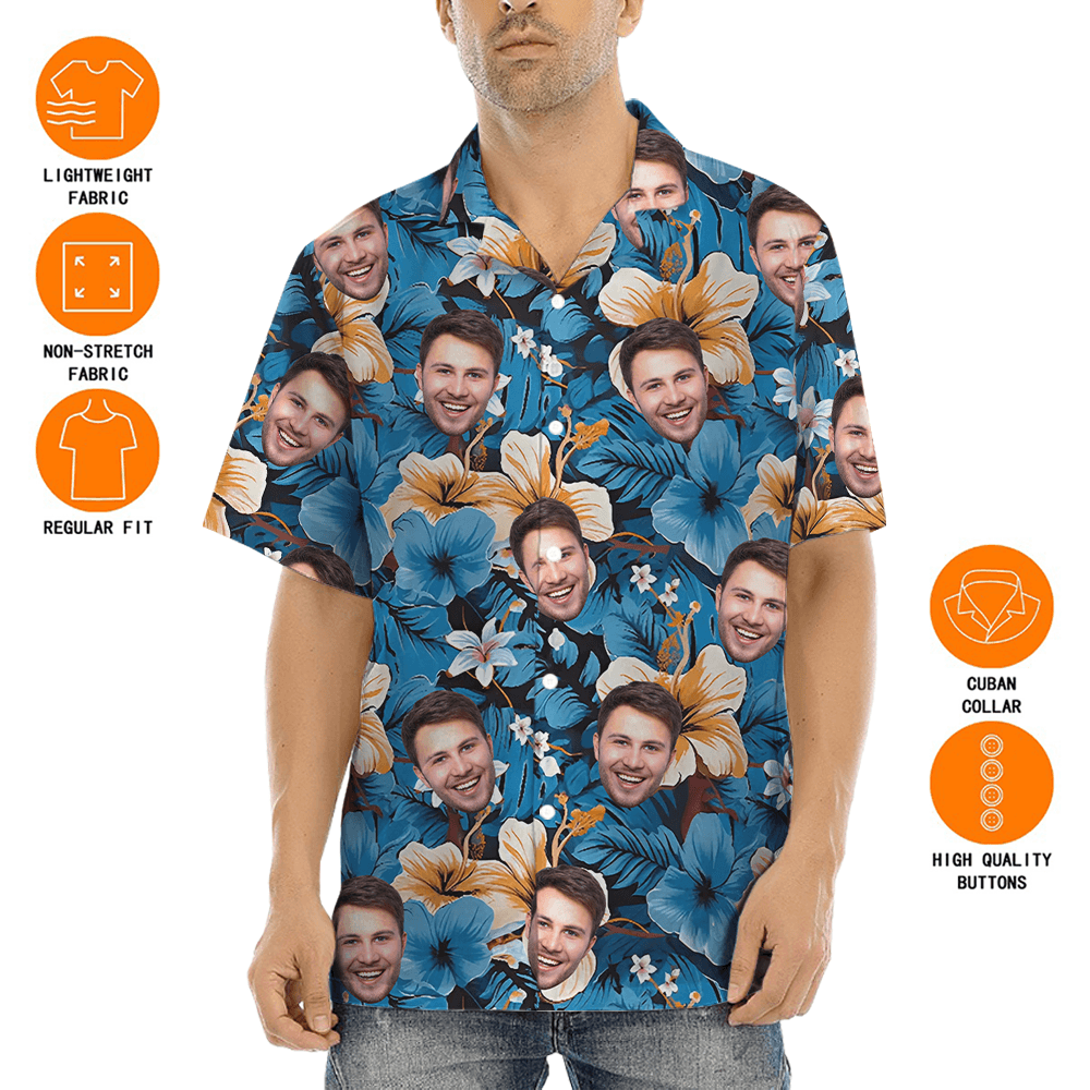 Blue Hibiscus Hawaiian Shirt With Custom 1-5 Faces