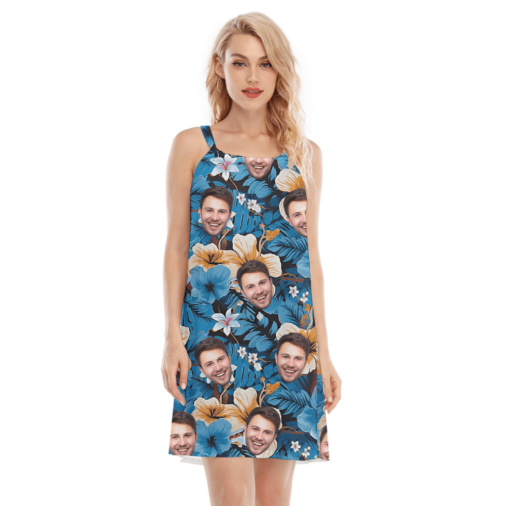Classic Hibiscus Blue Hawaiian Dress With Custom Face