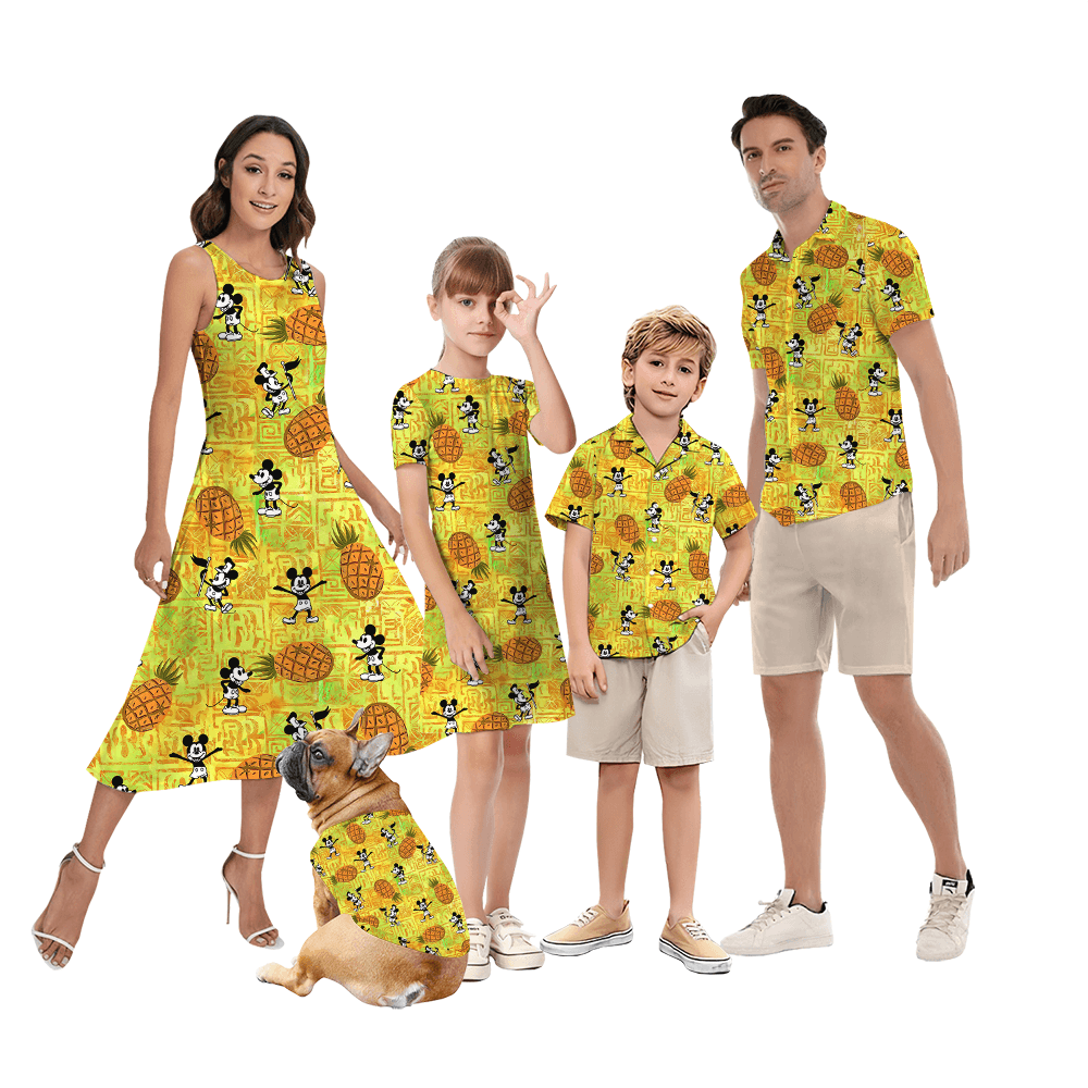 Classic Mickey Steamboat Willie Pineapple Family Matching Hawaiian Outfits