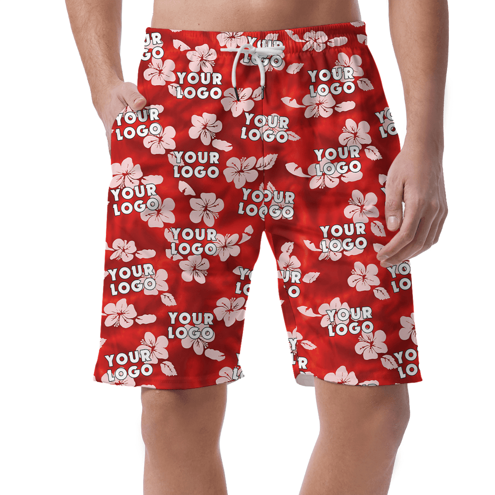 Custom Company Logo Hibiscus Classic Hawaiian Beach Shorts For Men
