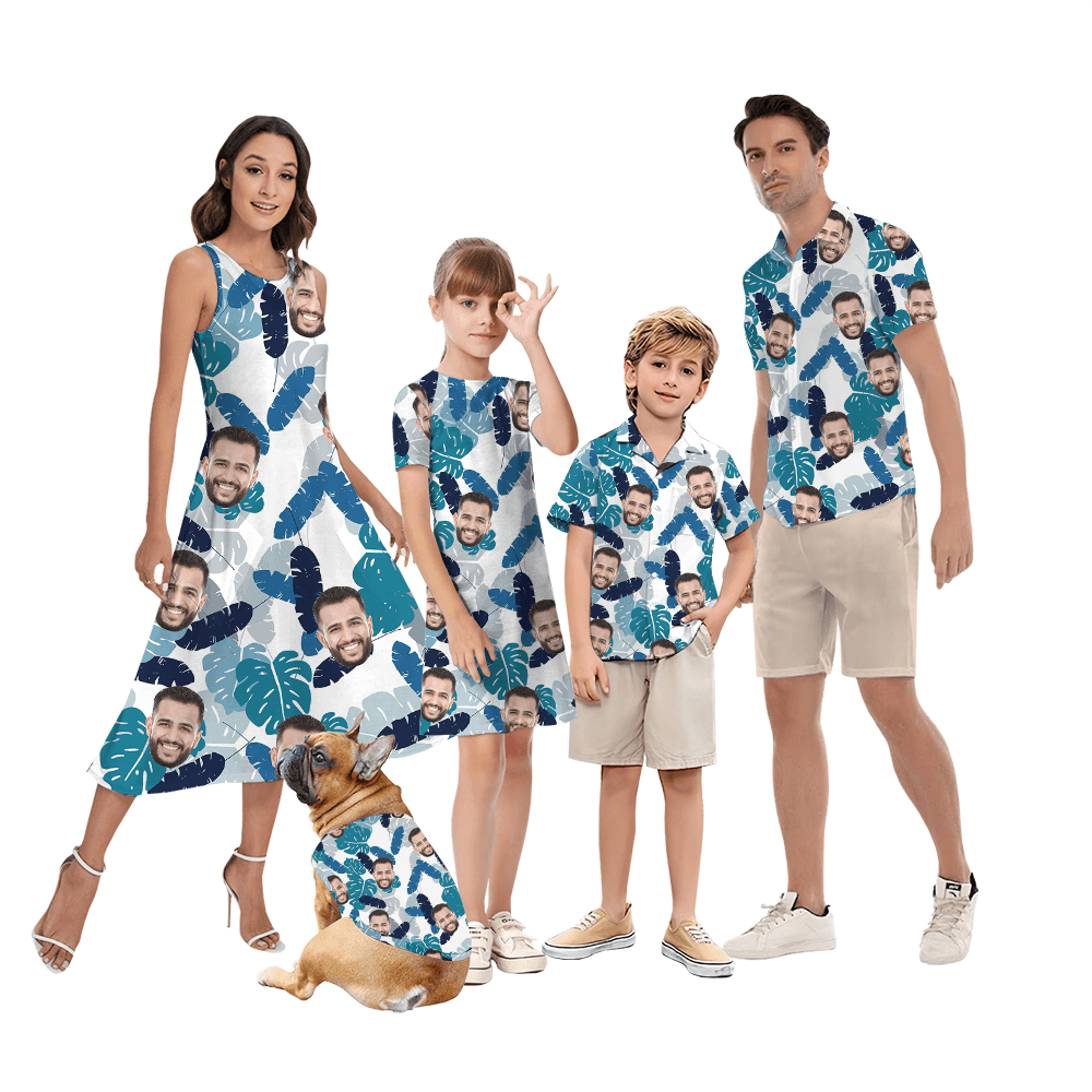 Custom Face Blue Tropical Family Matching Hawaiian Outfits