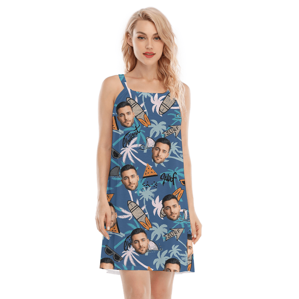Custom Face Blue Tropical Surfing Cami Dress