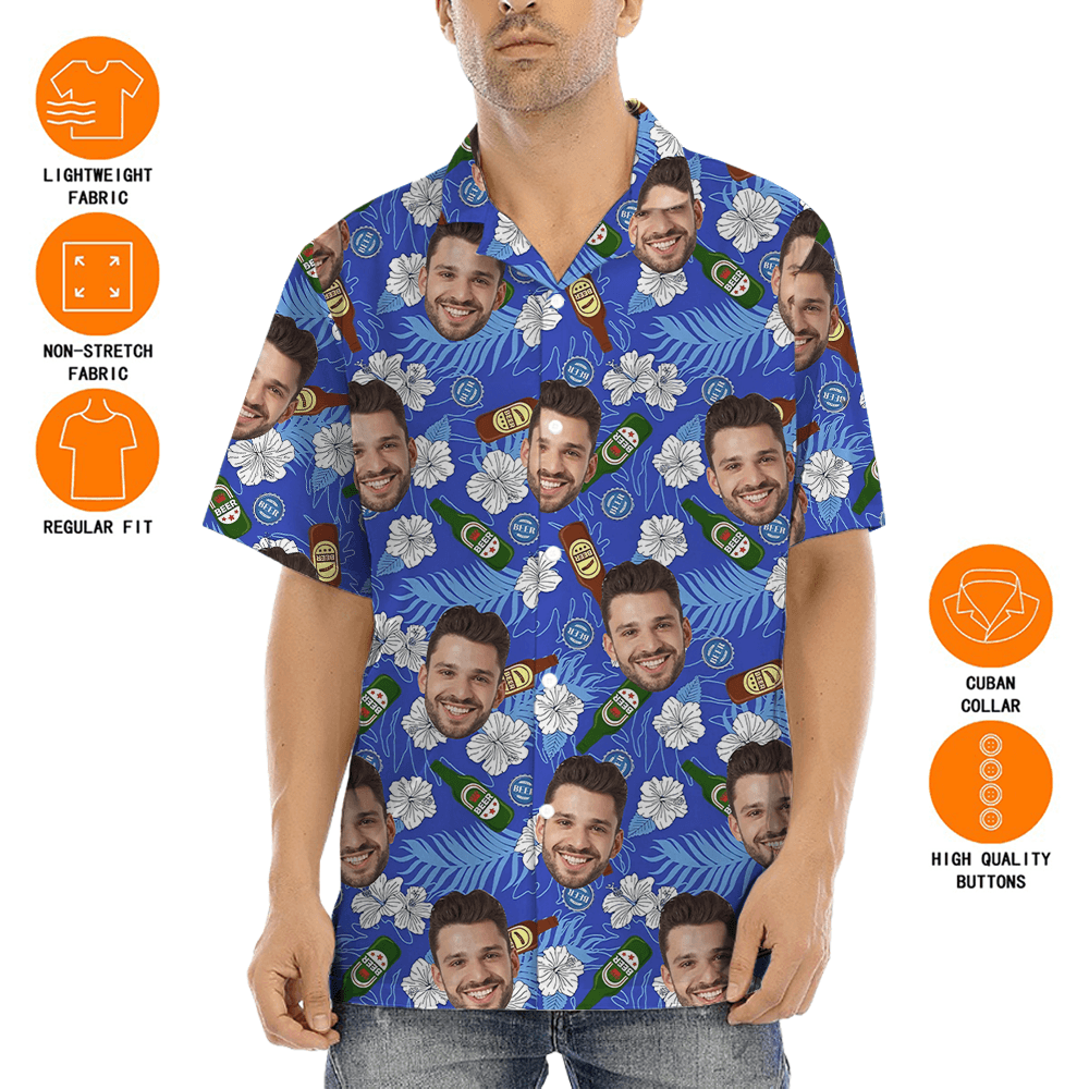 Custom Face Floral Beer Blue Hawaiian Shirt