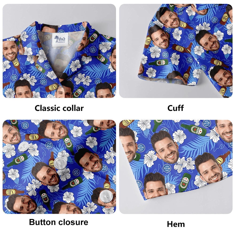 Custom Face Floral Beer Blue Hawaiian Shirt