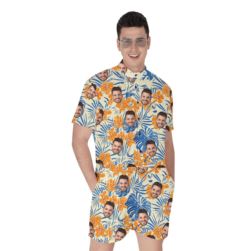 Custom Face Floral Orange Hawaiian Romper